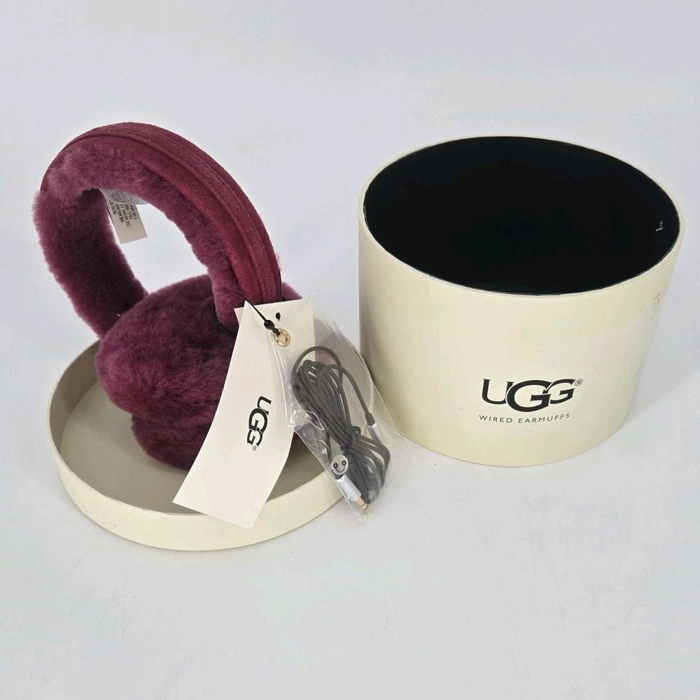 UGG Wired Earmuffs Burgundy Sheepskin Shearling Headphones NWT Box OS Plush Ski
